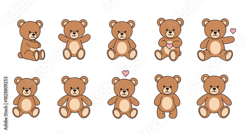 Adorable collection of cartoon brown teddy bears in diverse poses and expressions, some holding or displaying heart symbols.