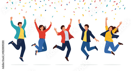 Five joyful friends or colleagues celebrating success and achievement with enthusiasm, jumping happily under falling colorful confetti.