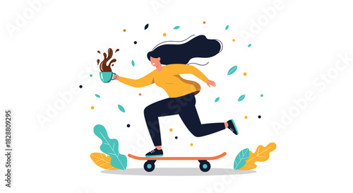 Energetic woman on a skateboard with a spilling coffee mug, rushing through her morning routine with a happy smile.