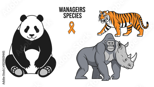 Cartoon Endangered Animals Illustration: Panda Tiger Gorilla Rhino Conservation