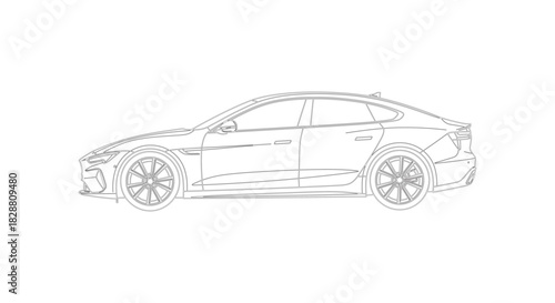 Modern Luxury Sedan Line Art Outline Illustration