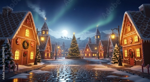 Enchanting gingerbread village illuminated under a magical aurora borealis and a sparkling christmas tree