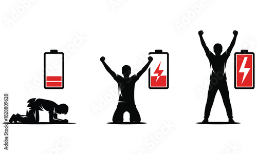 Energy and Power Level Icon Set. Silhouette of Man Gaining Strength from Exhaustion to Full Battery Charge, Motivation and Recovery Concept.