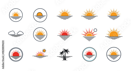 A diverse collection of stylized sunrise and sunset icons depicting the sun rising or setting over the ocean waves, suitable for various design projects.