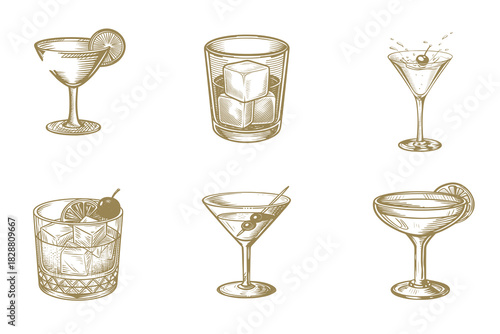 Beautiful hand drawn Cocktails alcoholic daiquiri, old fashioned, Manhattan, martini, sidecar glass hand drawn engraving vector illustration. vintage style. Eps 10