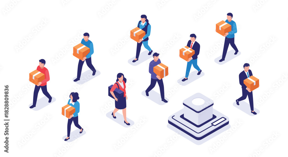 Fototapeta premium Isometric illustration of diverse people carrying boxes towards a central server, symbolizing logistics, e-commerce, and data transfer.