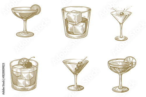 hand drawn engraving Cocktails alcoholic daiquiri, martini, old fashioned, Manhattan, vector illustration vintage style. Sketch set. Eps 10