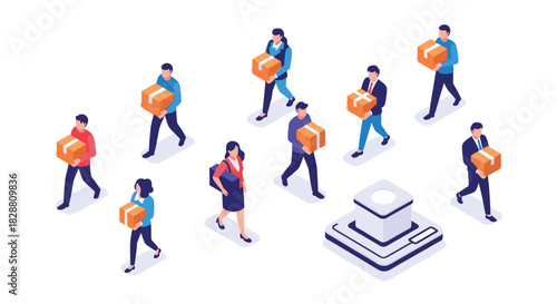 Isometric illustration of diverse people carrying boxes towards a central server, symbolizing logistics, e-commerce, and data transfer.