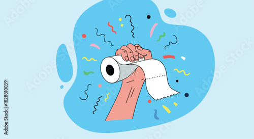 A triumphant hand raises a roll of toilet paper amidst colorful confetti, symbolizing essential hygiene and celebration.
