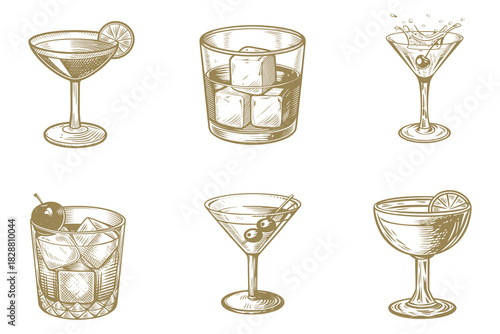 Whiskey bottles and glass vector illustration. Cocktails alcoholic daiquiri, old fashioned, Manhattan, martini, sidecar glass hand drawn engraving vintage style. Eps 10