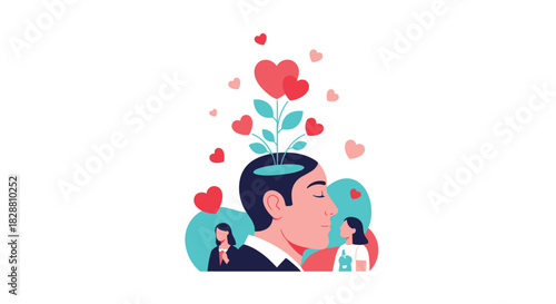A man cultivates emotional well-being and love within his mind, symbolizing the growth of positive feelings and healthy relationships.