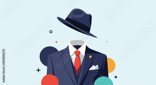 An elegant dark blue suit, red tie, and a floating fedora hat symbolize anonymity, business, and professionalism.