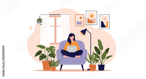 A woman works comfortably on her laptop in an armchair, surrounded by house plants in a bright, inviting home environment.