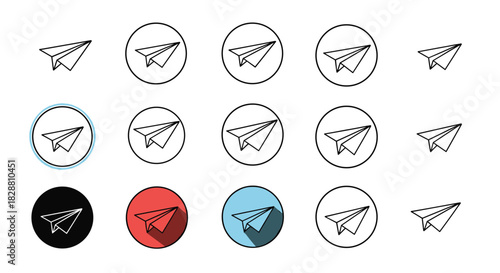 Collection of paper airplane icons in various styles, representing mail, send, and message functions in digital user interfaces.