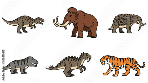 Prehistoric animals cartoon collection Mammoth dinosaur saber-toothed tiger
