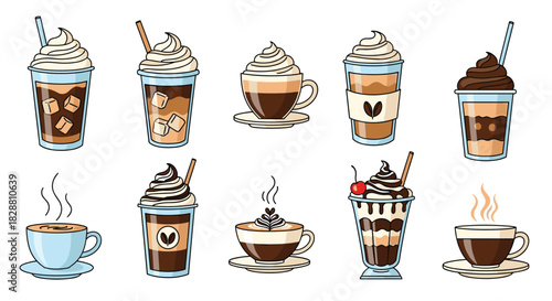 A collection of diverse cartoon coffee drinks, featuring hot and cold beverages with whipped cream, ice, and latte art on a white background.