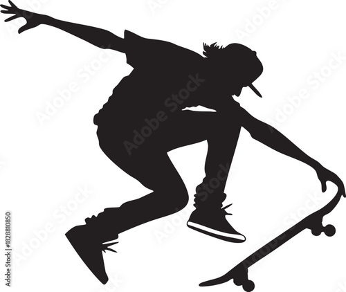 Skateboarder Kickflip Silhouette Black Vector on Transparent Background