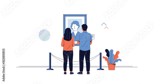 A couple admires a framed portrait painting on display in an art gallery or museum, standing behind a rope barrier.