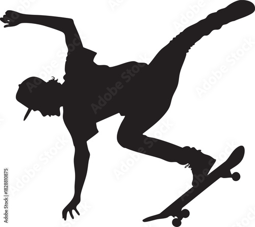 Skateboarder Kickflip Silhouette Black Vector on Transparent Background
