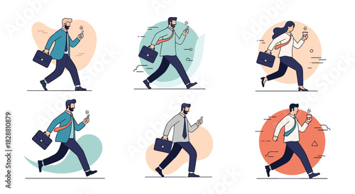 Illustrations depicting diverse business professionals rushing, carrying briefcases, checking phones, and drinking coffee, symbolizing a dynamic work life.