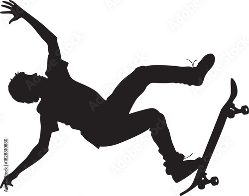Skateboarder Kickflip Silhouette Black Vector on Transparent Background
