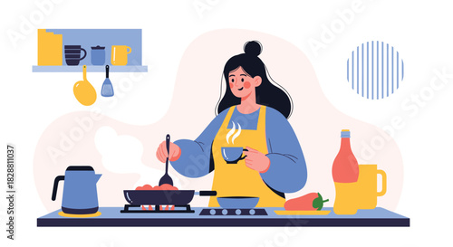 A cheerful young woman in an apron multitasks in her kitchen, stirring food on the stove while enjoying a hot drink.