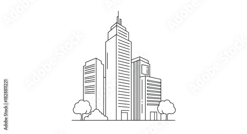 Minimalist line art illustration of a modern cityscape featuring several tall skyscrapers and green trees, representing urban development.