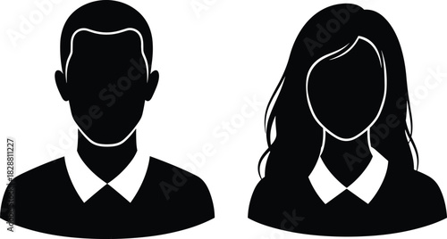 Male and female icons, silhouette profiles, black and white, collared shirt, minimal design, user interface, identity concept