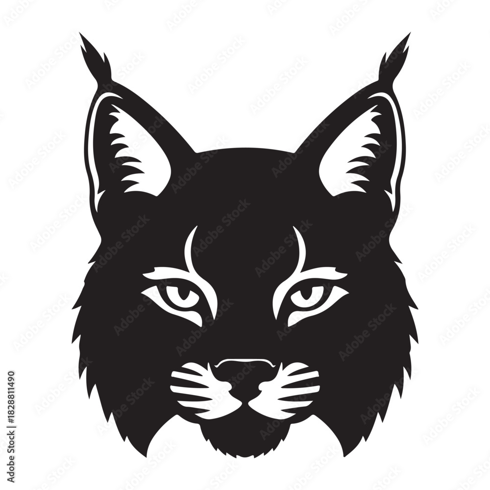 Obraz premium Intense Black and White Lynx or Bobcat Head Vector Art | Wild Feline Mascot Logo Silhouette Illustration | Monochrome Design with Tufted Ears for Sports Graphics