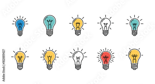 A collection of colorful and outline light bulb icons, some illuminated, representing concepts like ideas, creativity, and innovation.