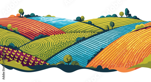 Vibrant stylized landscape illustration with rolling hills, diverse patterned fields, scattered trees, and a distant body of water.