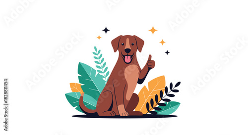 A cheerful brown dog sits among vibrant leaves and sparkling stars, giving a "thumbs up" gesture, conveying approval and happiness.