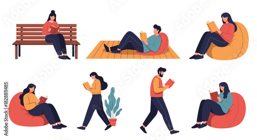 Diverse people engaging in the activity of reading books in various settings, including sitting, lounging, and walking.