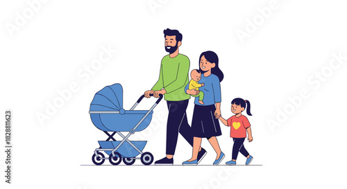 A happy family of five enjoys a walk, with the father pushing a stroller, the mother carrying an infant, and their young daughter.