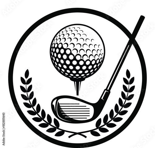 Golf ball on tee with golf club and laurel wreath design