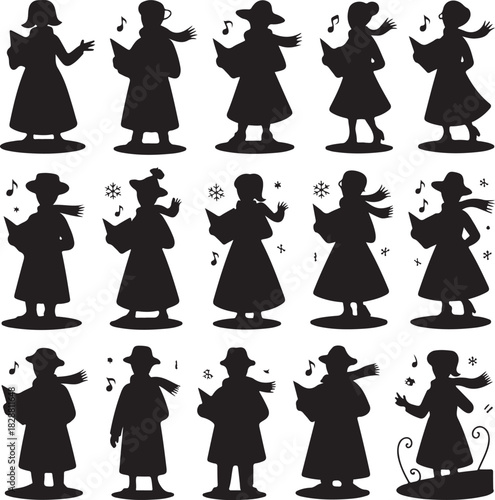 Silhouetted carol singers in winter clothing singing christmas carols festive atmosphere