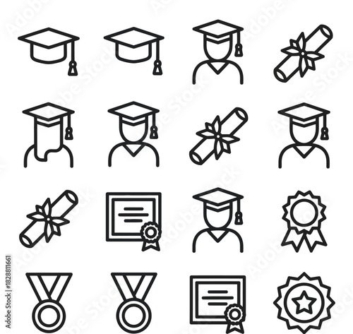 Graduation achievement icon set in modern simple outline design vector
