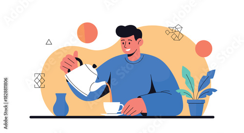 A smiling young man enjoys a relaxing morning ritual, pouring a hot beverage from a white teapot into a cup at a table.