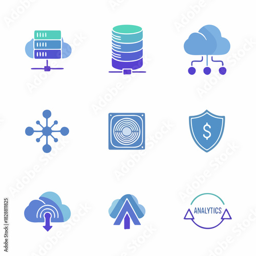 cloud computing and data analytics gradient icon set
