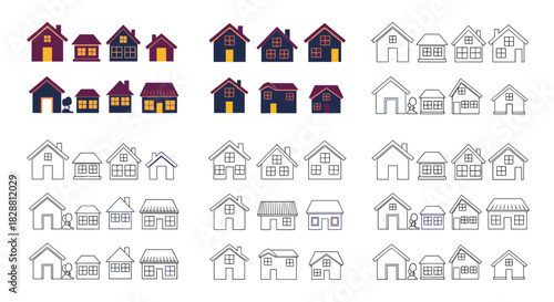 Diverse collection of home and house illustrations, featuring a range of architectural styles in both colored flat and outline designs.