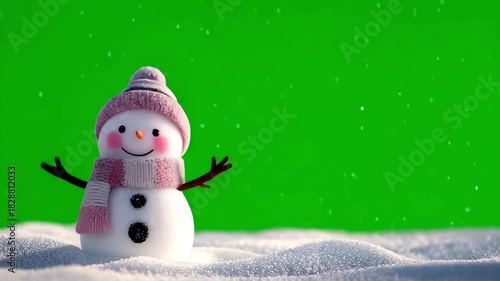 Fun snowman with snowfall animation on a green screen, perfect for winter projects. Ideal for holiday greetings and festive videos, adding a joyful and playful element to your content