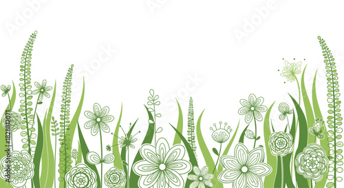 Whimsical green outline flowers and grass create a lively decorative border against a pristine white background, perfect for natural themes.