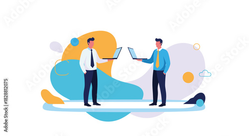 Two businessmen communicating and collaborating digitally, each holding a laptop, against a backdrop of abstract modern shapes.