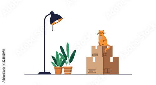 A minimalist illustration showing an orange cat on moving boxes, alongside a floor lamp and potted plants, symbolizing a new beginning.