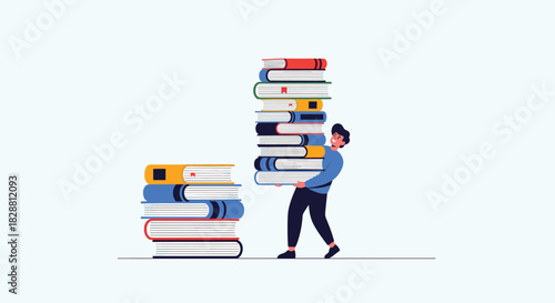 A man struggles to carry a tall stack of books, with another pile of books nearby, symbolizing a heavy academic or reading load.
