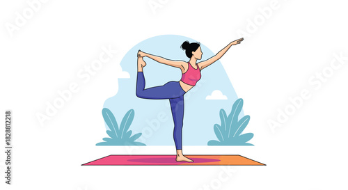 A woman in athletic wear practices a graceful yoga pose on a mat outdoors, showcasing balance and flexibility in a serene setting.