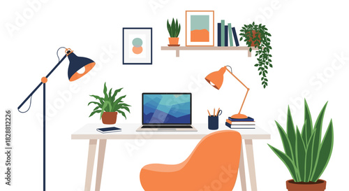 A stylish and comfortable home office setup featuring a laptop, desk, chair, plants, and decorative elements for a productive workspace.
