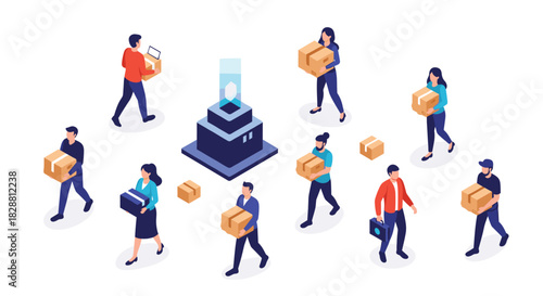 Diverse group of people carrying cardboard boxes around a central data processing hub, representing logistics, delivery, and information transfer.