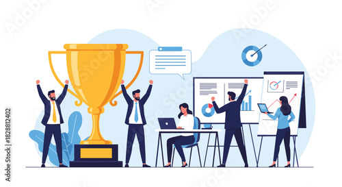 A successful business team celebrates a major achievement with a golden trophy, showcasing teamwork, growth, and professional accomplishment.