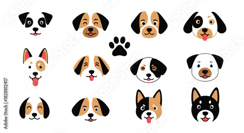 A collection of cute cartoon dog faces with diverse expressions and a single black paw print, isolated on a clean white background.